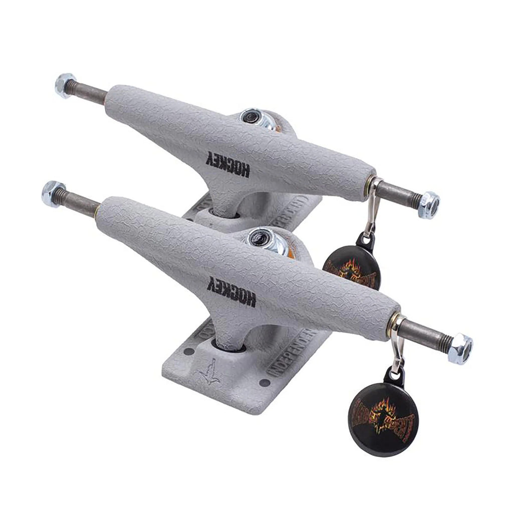 A pair of INDEPENDENT x HOCKEY 159 STAGE 11 skateboard trucks on a white background.