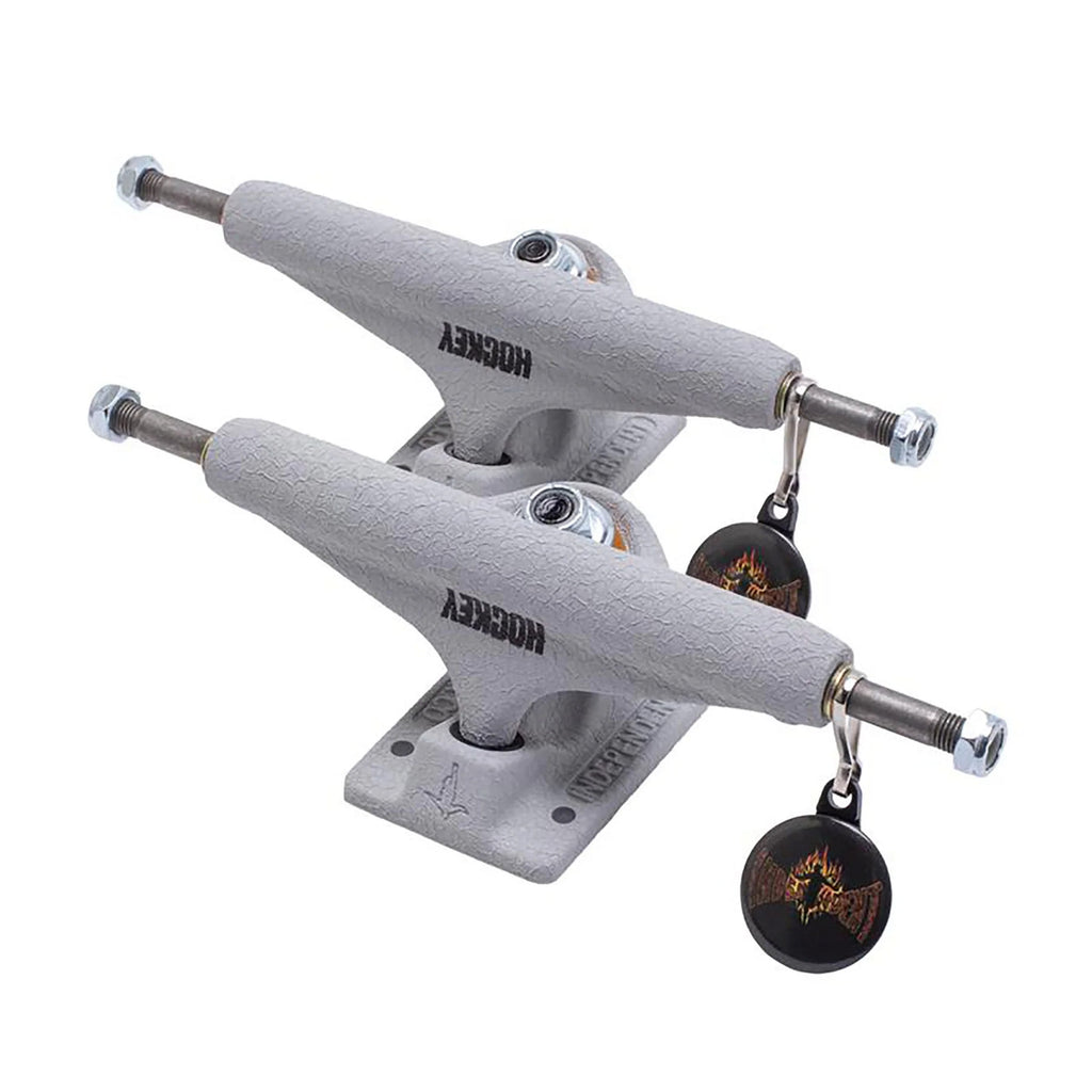 A pair of INDEPENDENT x HOCKEY 139 STAGE 11 (SET OF TWO) skateboard trucks on a white background.