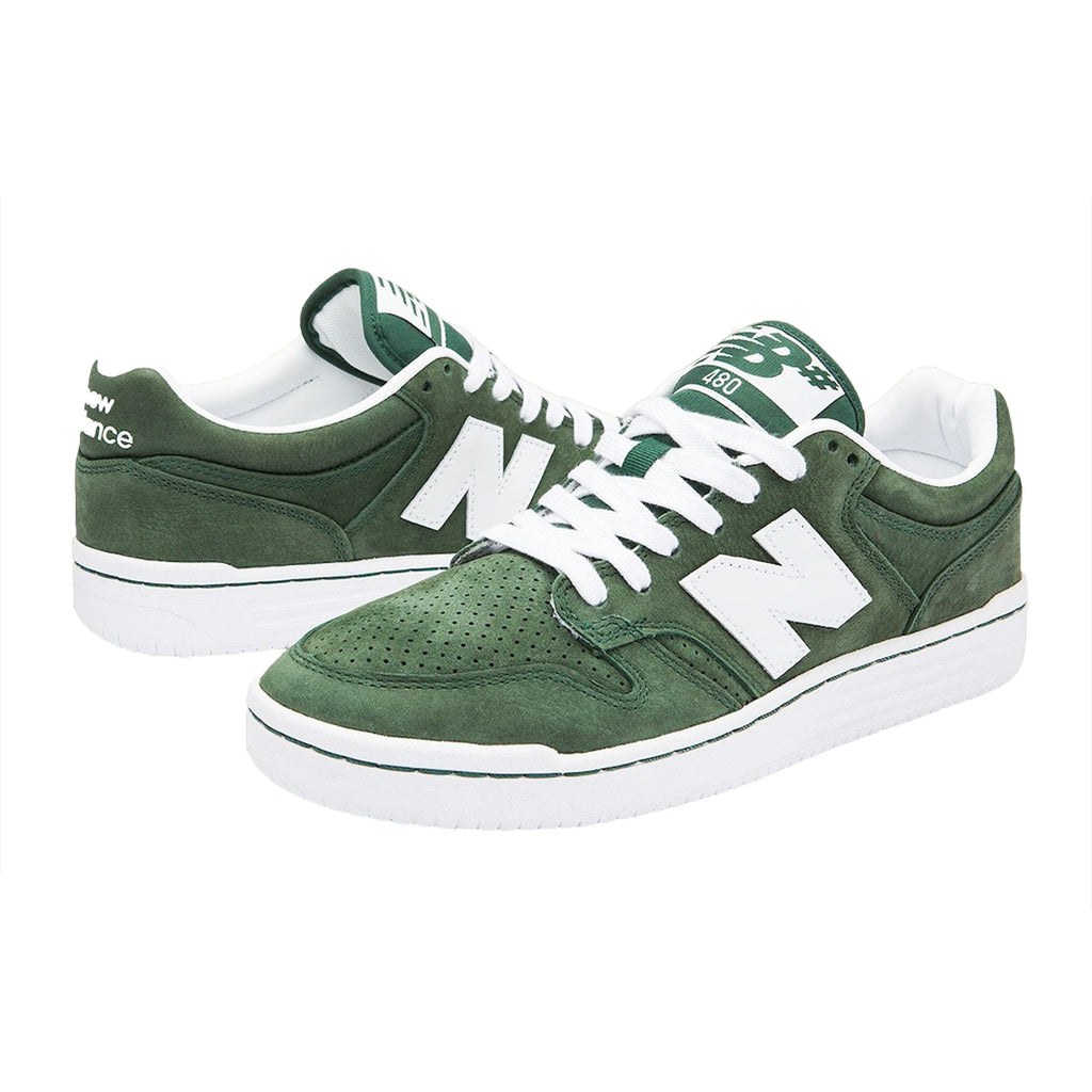 A pair of green and white NB NUMERIC 480 FOREST GREEN / WHITE sneakers with ABZORB in-sole on a white background.