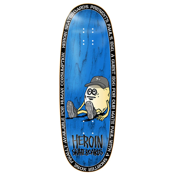 Blue Swampy Pro Board deck featuring a cartoonish yellow character with large eyes, seated and looking pensive, surrounded by bold text including the word "HEROIN PAUL'S EGG" by HEROIN.