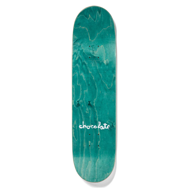A green CHOCOLATE PEREZ BELIEVIN' skateboard with the word 'skateboard' written on it.