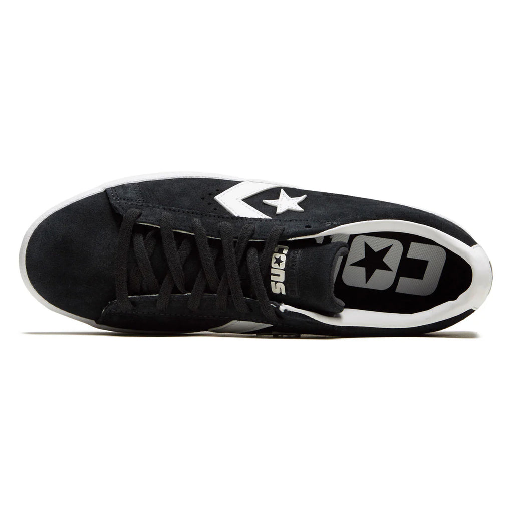 Top view of a black suede CONVERSE CONS PL VULC OX sneaker with white logo and laces.