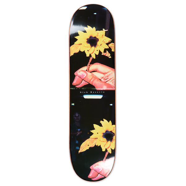 A POLAR NICK BOSERIO FLOWER skateboard deck featuring a hand holding a sunflower.