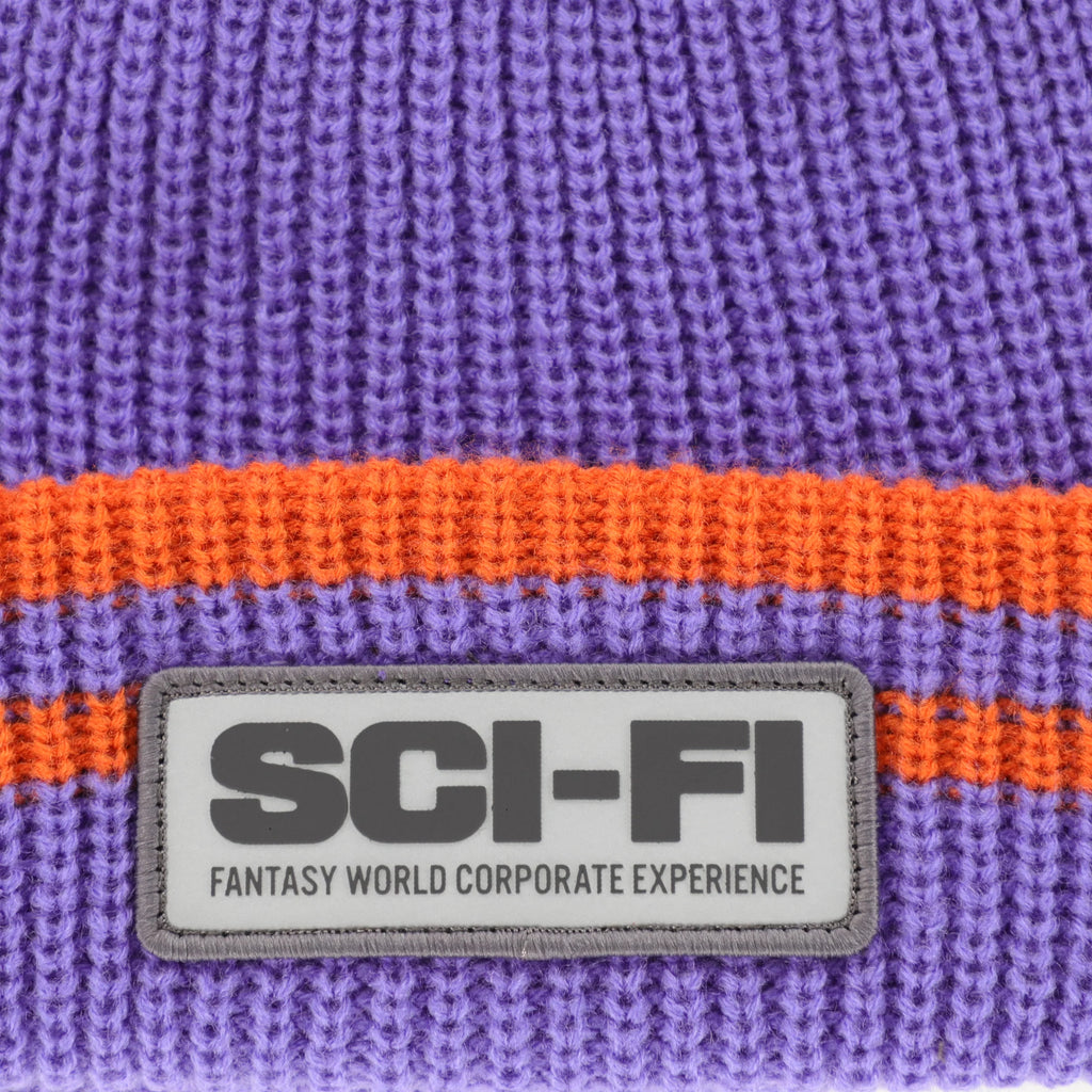 A SCI-FI FANTASY REFLECTIVE PATCH STRIPED BEANIE PURPLE/ORANGE with the word SCI-FI logo on it.