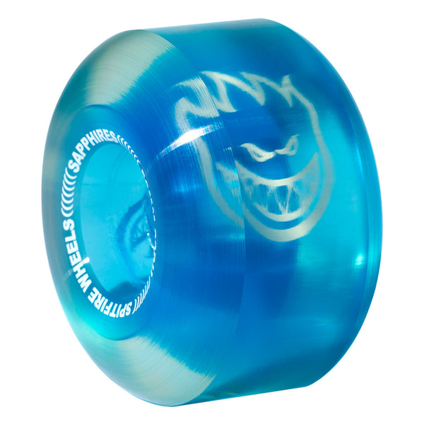 The side of the blue jelly style wheel with a spitfire bighead logo underneath.