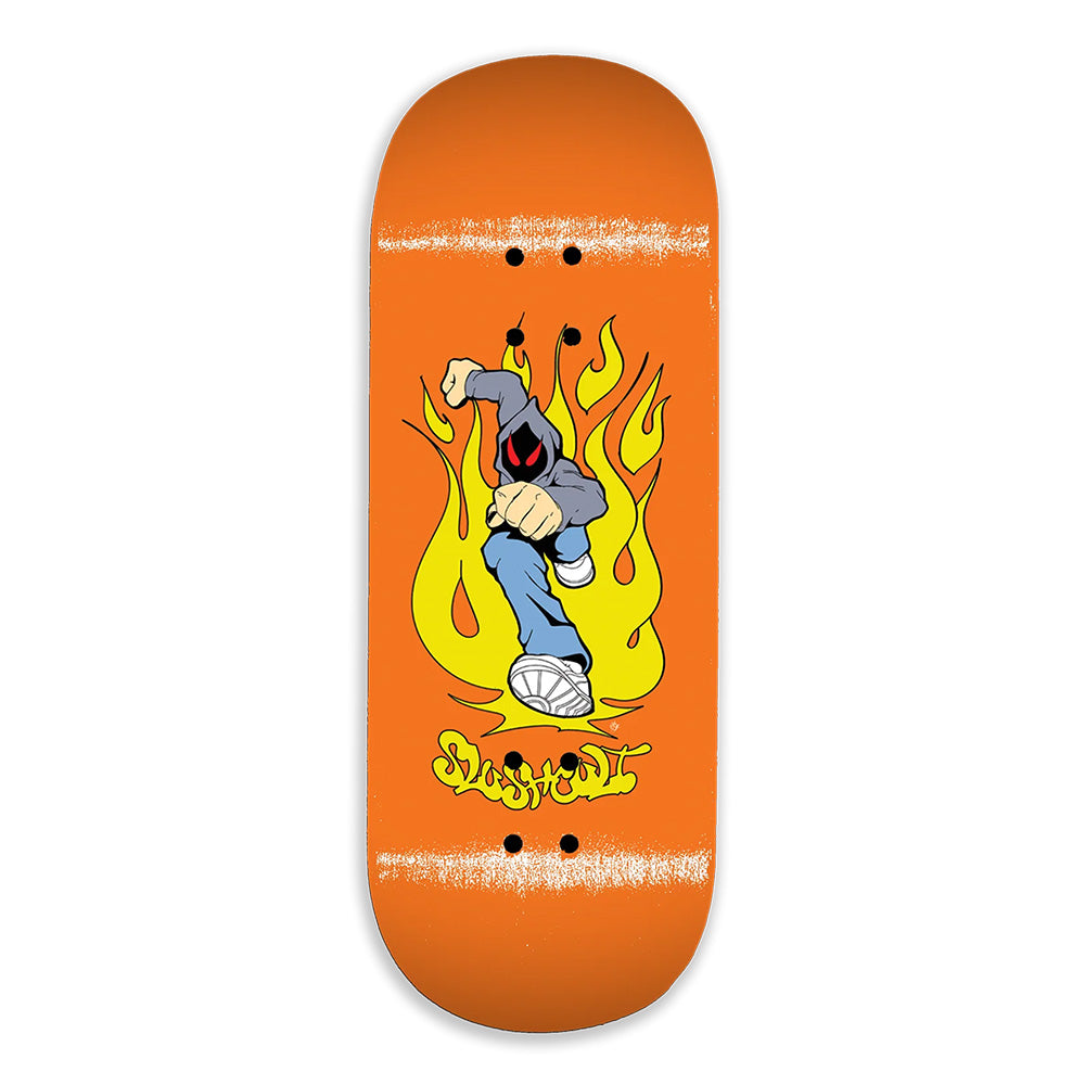 The SLUSHCULT "FLAMES" FINGERBOARD DECK 34MM features a pool shape with a cartoon figure in a hoodie punching forward, yellow flames, and "SLOSHIT" below—a bold collab from SLUSHCULT.