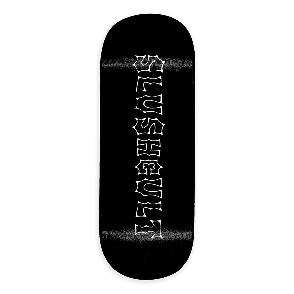 The SLUSHCULT "MID EVIL" FINGERBOARD DECK 34MM features a black deck with bold white stylized vertical text and a Medium Concave design, created in collaboration with DK Fingerboards.
