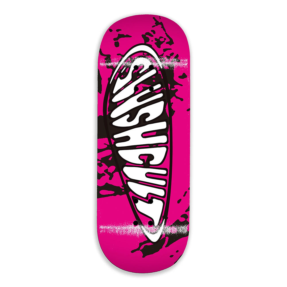 The SLUSHCULT "WARPED" FINGERBOARD DECK 32MM features a bright pink background, black splatter pattern, and bold white "SWISHCHILLZ" text—perfect for medium concave DK Fingerboard fans and inspired by SLUSHCULT’s signature style.