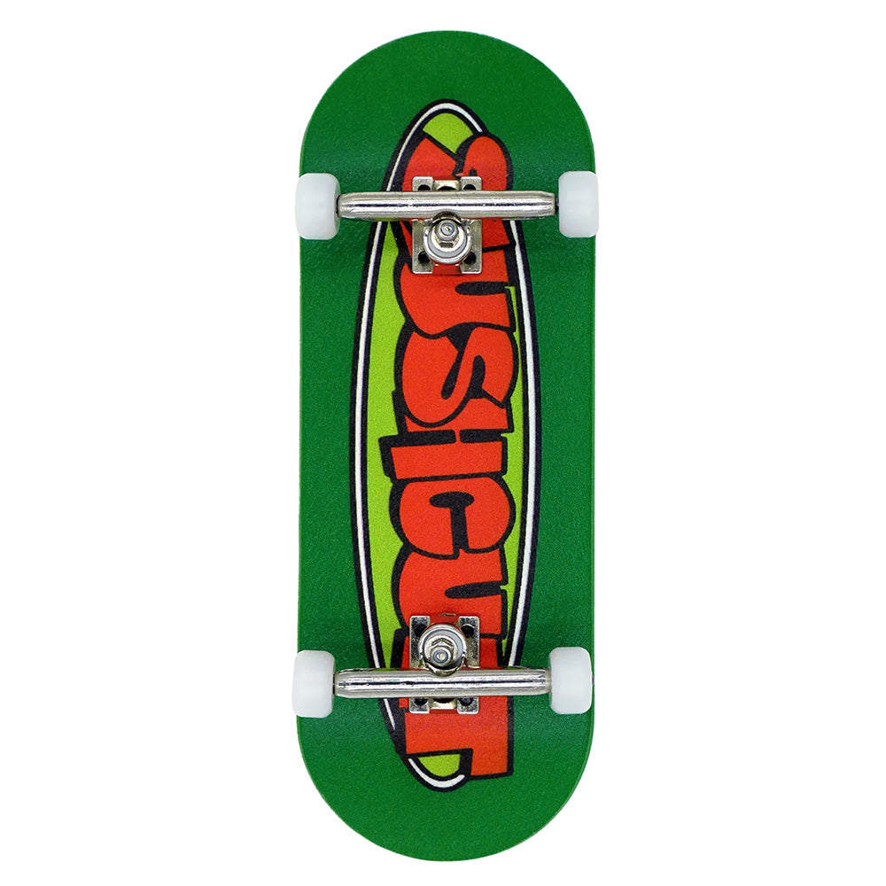 The SLUSHCULT "GROM" Series 009 New Oval Fingerboard is a green entry-level board with white wheels, metal trucks, and a deck featuring the red and yellow "Justice" logo.