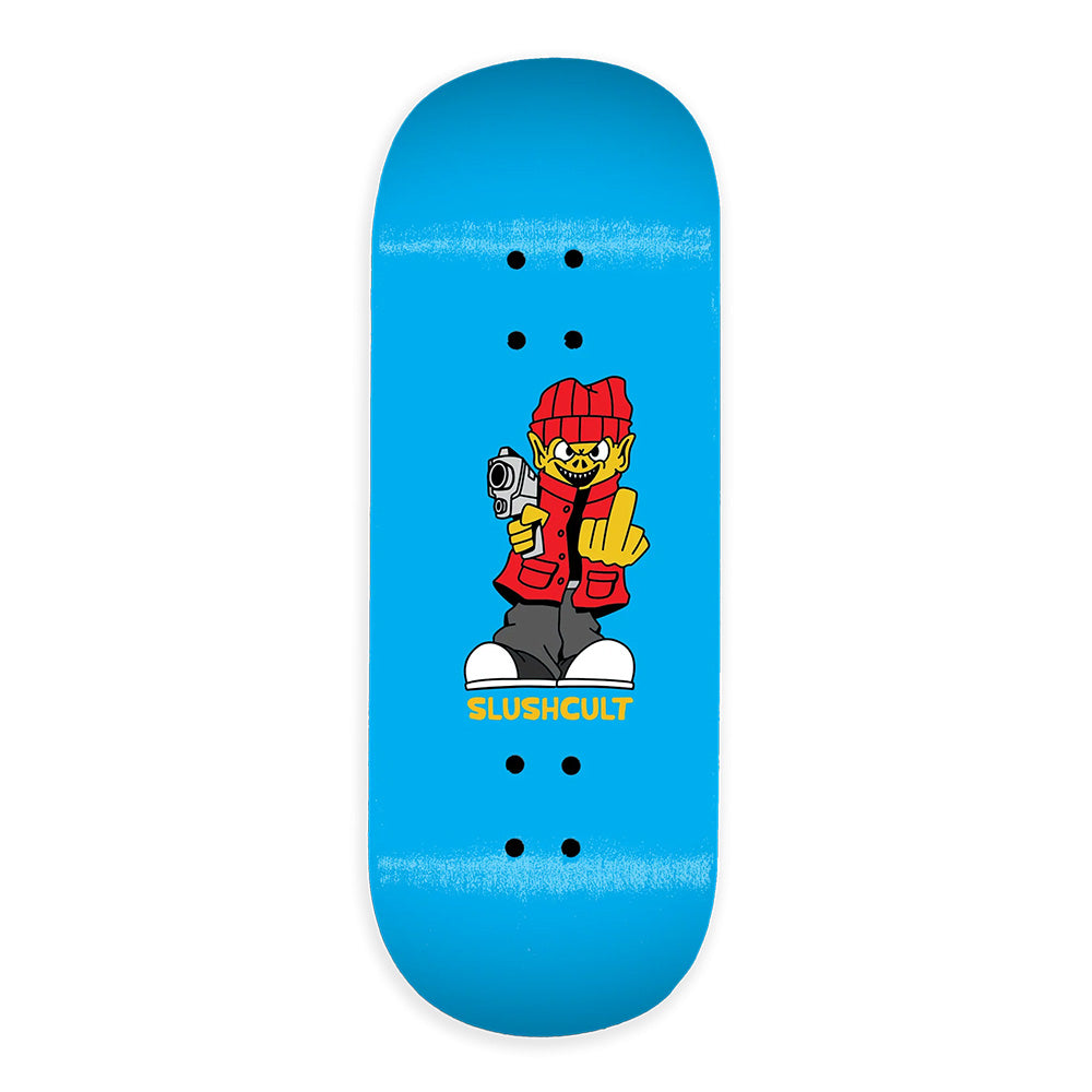 SLUSHCULT "F@#% EM" FINGERBOARD DECK 34.5MM: Blue deck features a cartoon in a red beanie holding a toy gun and making the "F@#% EM" gesture, with "SLUSHCULT" text below. Compatible with DK Fingerboards, medium concave.