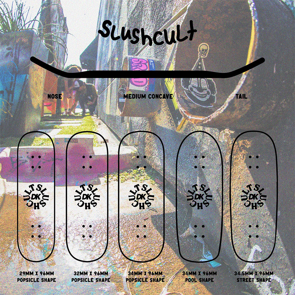 Diagram of five skateboard deck shapes and sizes with labeled nose, tail, and medium concave, featuring the SLUSHCULT "MID EVIL" FINGERBOARD DECK 34MM set in a graffiti-filled skateboarding scene.