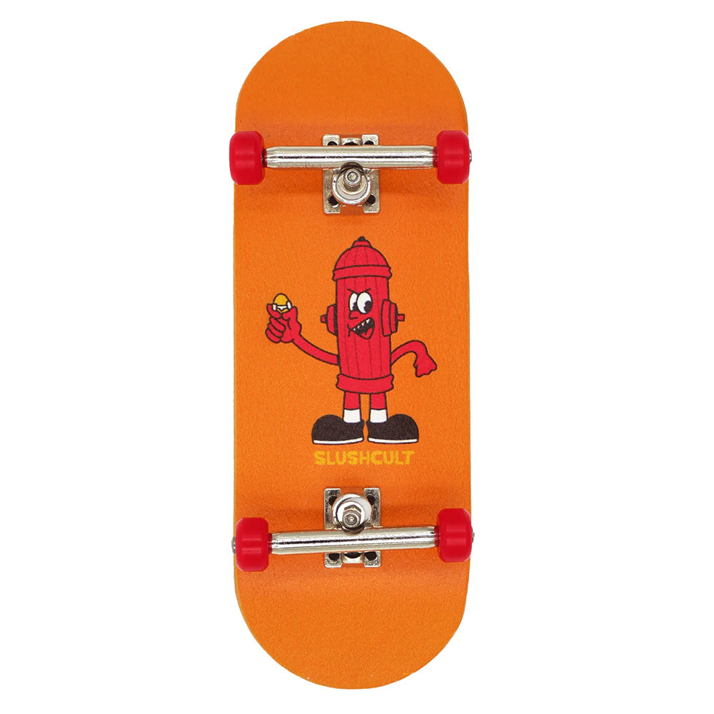 The SLUSHCULT "GROM" SERIES 009 FINGERBOARD HYDRANT is an orange fingerboard skateboard with red wheels and a cartoon fire hydrant holding a donut—ideal for beginner fingerboarders.