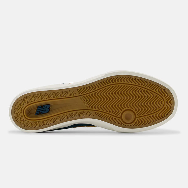 The vulcanized sole of a sneaker with a wavy tread pattern and a NB Numeric logo visible.
