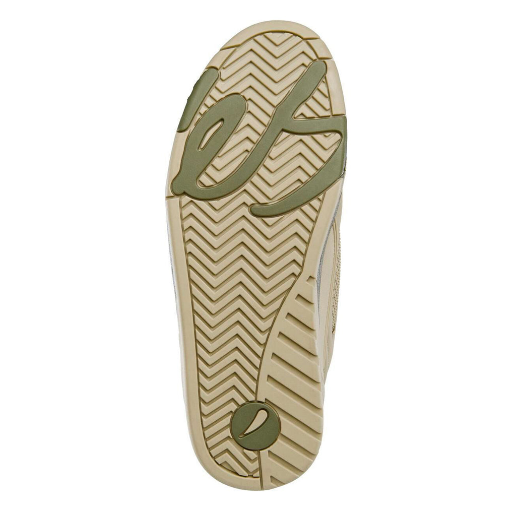 Sole of a beige flip-flop with tread pattern and ES brand logo.
