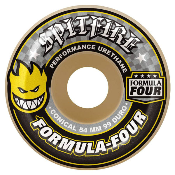 Graphic design of a SPITFIRE F4 CONICAL 99D 54MM skateboard wheel with brand logo and specifications.