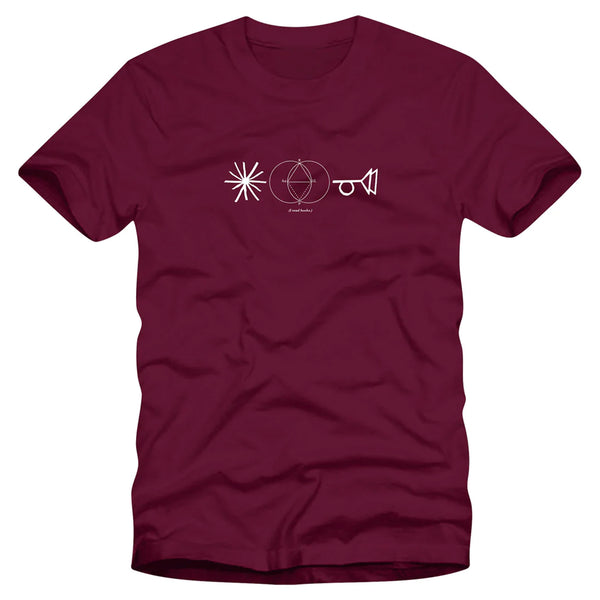 A STRANGELOVE MAROON t-shirt with a SYMBOL of the sun on it.