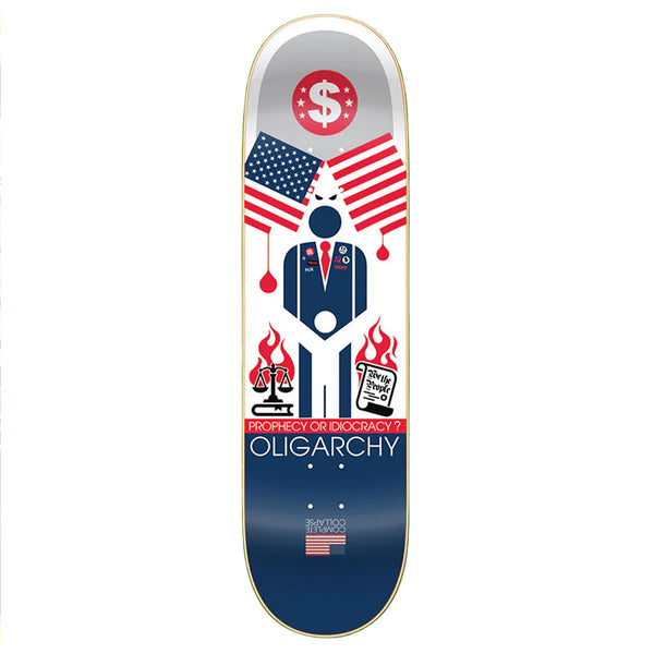 The STRANGELOVE DON PENDLETON OLIGARCHY deck showcases Don Pendleton’s art: a faceless figure with U.S. flags, scales, a flaming book, and money symbol. “Prophecy or Idiocracy? Oligarchy.” is screen-printed on this striking STRANGELOVE board.