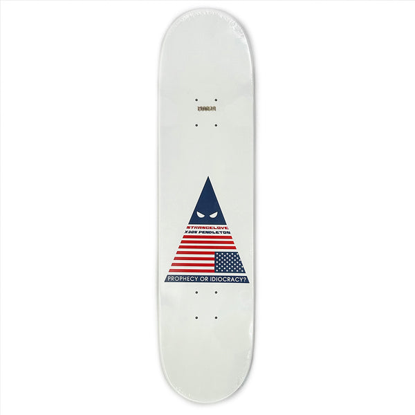 The STRANGELOVE DON PENDLETON BRAIN DRAIN skateboard deck features a white base, triangular design with an eye, American flag motif, and "PROPHECY OR IDIOCRACY?" text—part of STRANGELOVE's screen-printed boards collection.