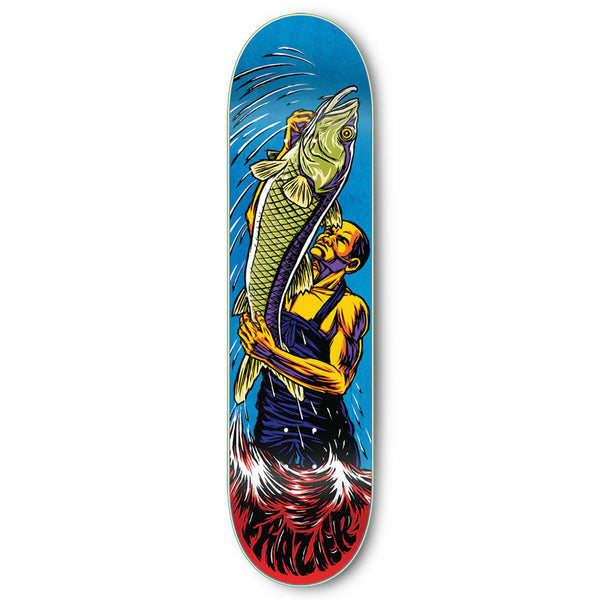 Graphic skateboard deck featuring the STRANGE LOVE MIKE FRAZIER HAND SCREENED illustration of a man holding a large fish, set against a blue background with dynamic wave patterns.
