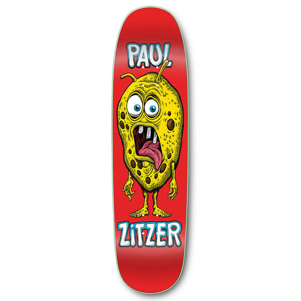Graphic skateboard deck featuring a cartoon lemon with a distressed expression and the text "STRANGE LOVE PAUL ZITZER HAND SCREENED" on a red background by STRANGELOVE.
