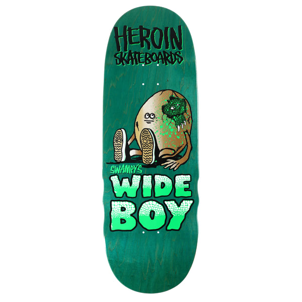 Skateboard deck with "HEROIN" and "SWAMPY'S WIDE BOY" text, featuring an illustrated graphic of a monster with large eyes holding its head, crafted from North American Hard Rock Maple.