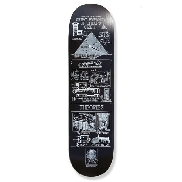 A THEORIES skateboard deck featuring illustrations and text related to various theories about the happening construction of the great pyramid of Giza.