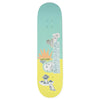A graphic skateboard deck with a pastel blue background and an eclectic design featuring faces, hands, and assorted illustrations inspired by THEORIES EXCAVATOR.