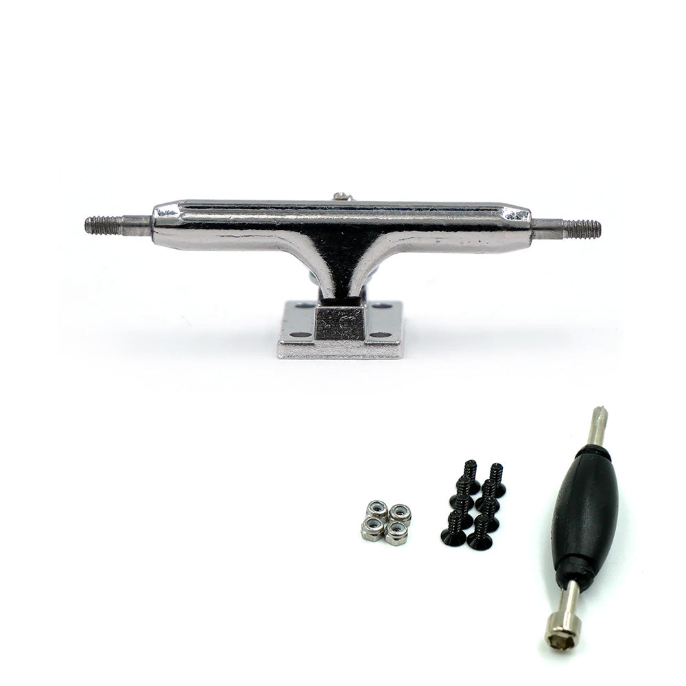 The SLUSHCULT THOSE TRUCKS V.2 34MM Fingerboard Trucks Silver set includes a metal truck, pro bushings, baseplate, four nuts, eight screws, and a tool, all displayed on a white background.