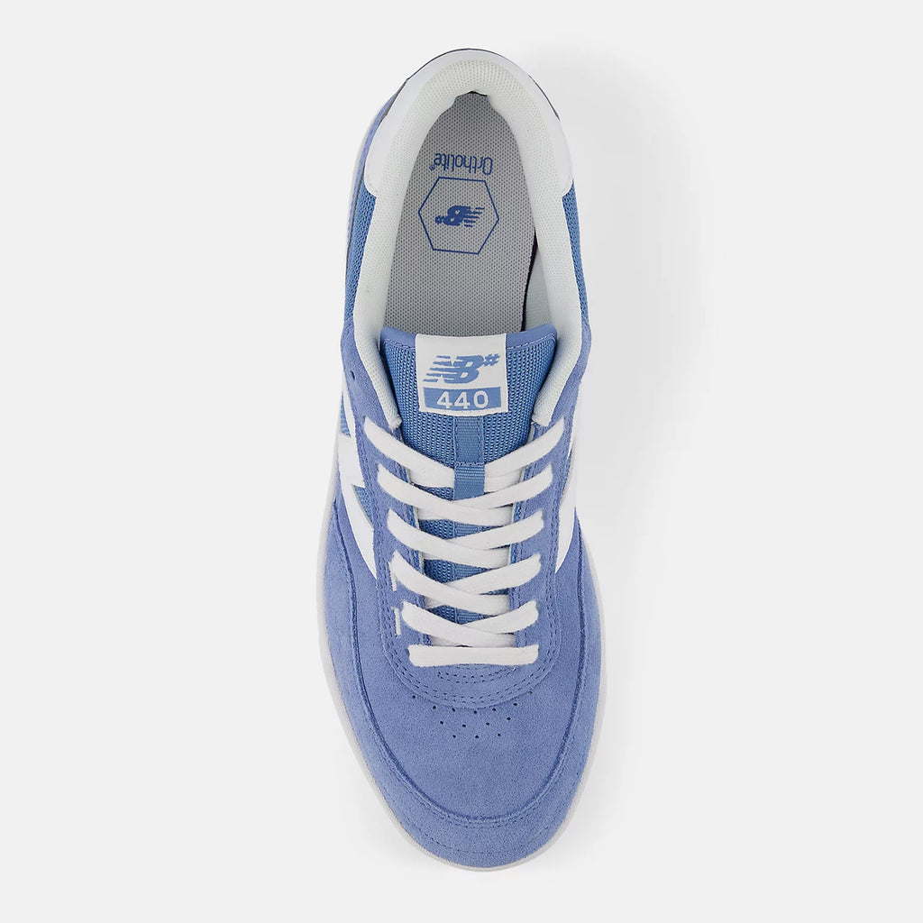 A single NB Numeric 440 V2 Blue / White skate shoe, viewed from above.