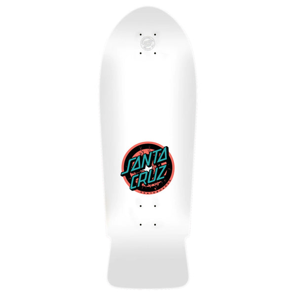 A white skateboard deck with the word Santa Cruz Roskopp One Reissue on it.