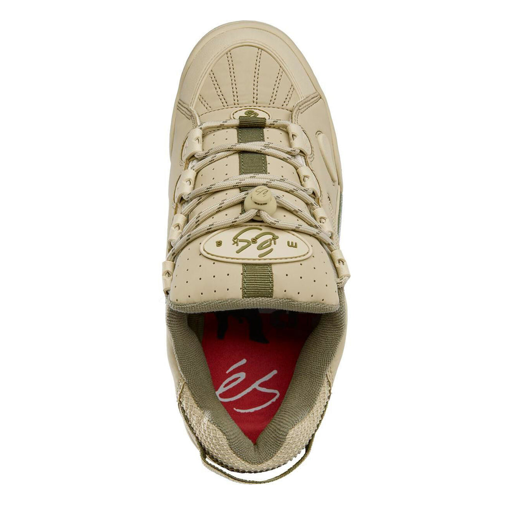 Top view of a beige vegan leather sneaker with white laces and red insole. ES THE MUSKA TAN / GREEN.