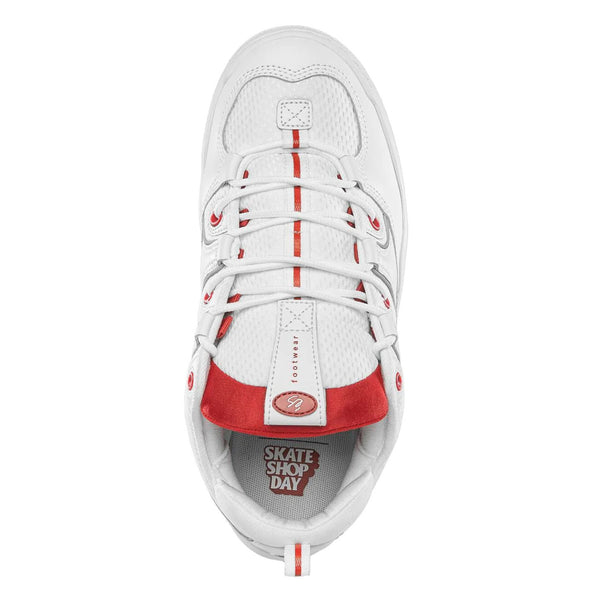 Top-down view of a white and red ES TWO NINE 8 SKATE SHOP DAY skate shoe with laces.