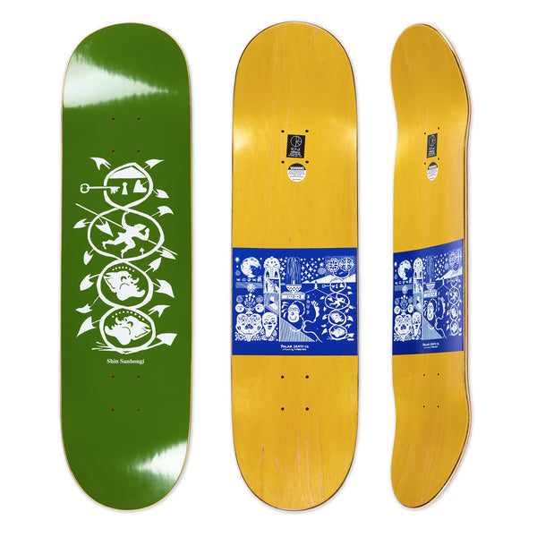 A green skateboard with a design featuring POLAR SHIN THE SPIRAL OF LIFE OLIVE PIGEONS by POLAR.