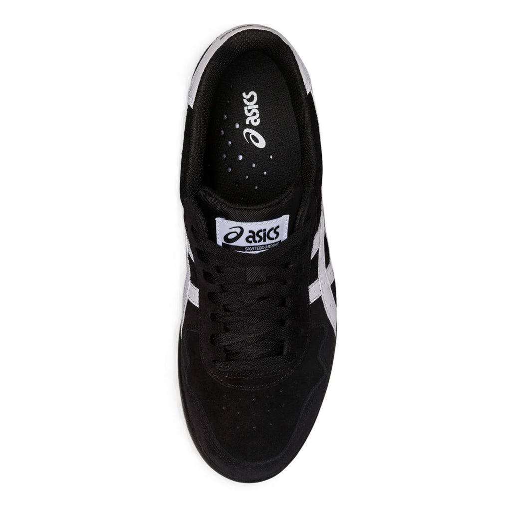 A black and white ASICS JAPAN PRO BLACK / WHITE sneaker on a white background, embodying skateboarding standards.