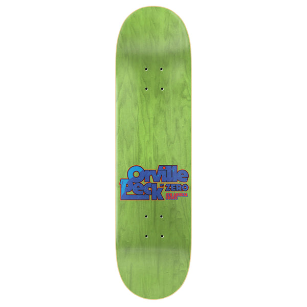 Wooden skateboard deck with a vibrant green finish and a blue "ZERO ORVILLE PECK" logo in the center.