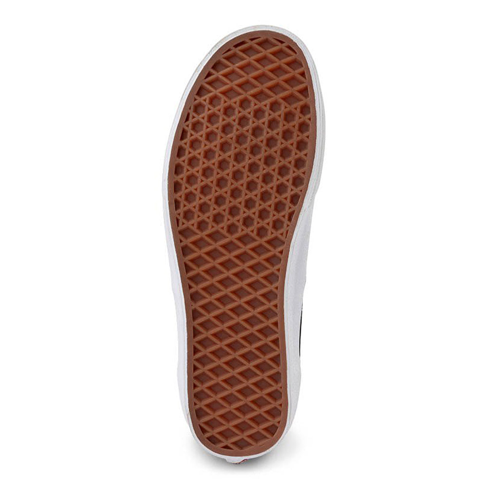The image shows the sole of the VANS AUTHENTIC BLACK / WHITE by VANS, with a brown waffle-textured rubber outsole and a crisp white edge.