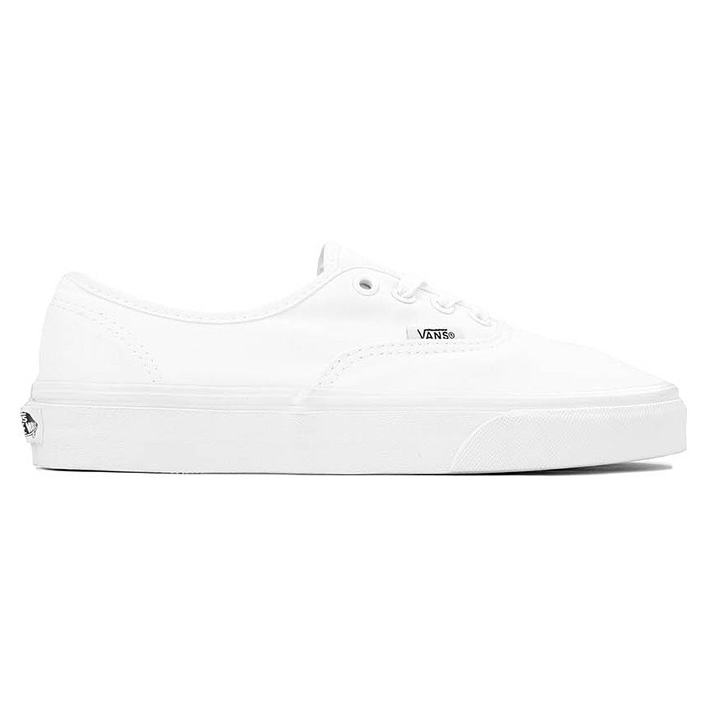 The VANS AUTHENTIC TRUE WHITE is a classic low-top sneaker from VANS, featuring white laces, minimal side and heel branding, and the signature rubber waffle outsole, shown in a side profile view.