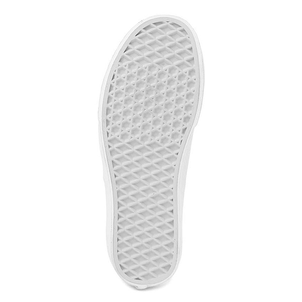 A white rubber waffle outsole with a diamond and waffle tread, seen from below—classic to the VANS AUTHENTIC TRUE WHITE by VANS.