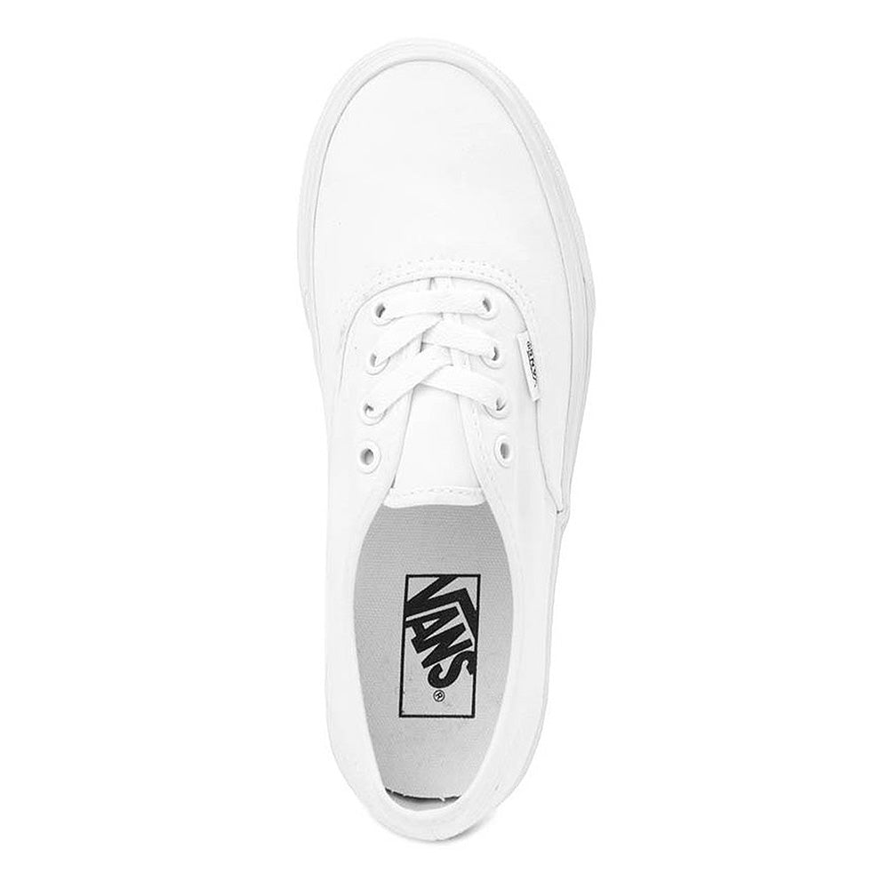 A top-down view of the VANS AUTHENTIC TRUE WHITE low-top sneaker by VANS, featuring white laces, the Vans logo on the insole, and a classic rubber waffle outsole.