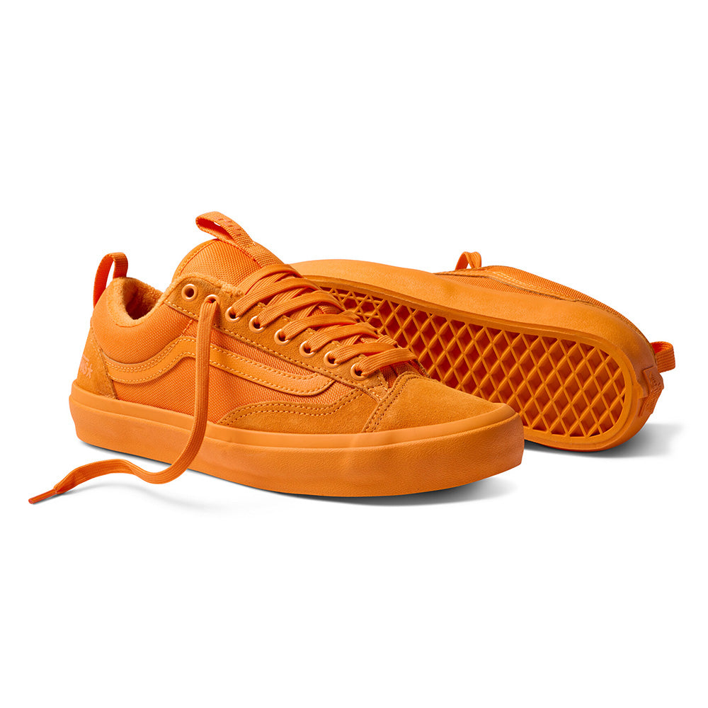 A pair of VANS X ATIBA SKATE OLD SKOOL 36+ SOLAR sneakers in bright orange with matching laces and rubber soles, displayed side by side on a plain white background.