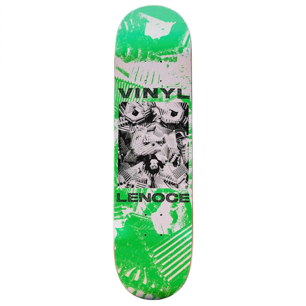 The VINYL LENOCE ADRIFT 8.25" deck by VINYL features green, black, and white abstract graphics with "VINYL LENOCE" printed on top, offering standout style and performance.
