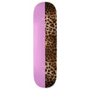 A skateboard deck with a pink top and a leopard print design on the bottom, accented with a VIOLET LEOPARD sticker.