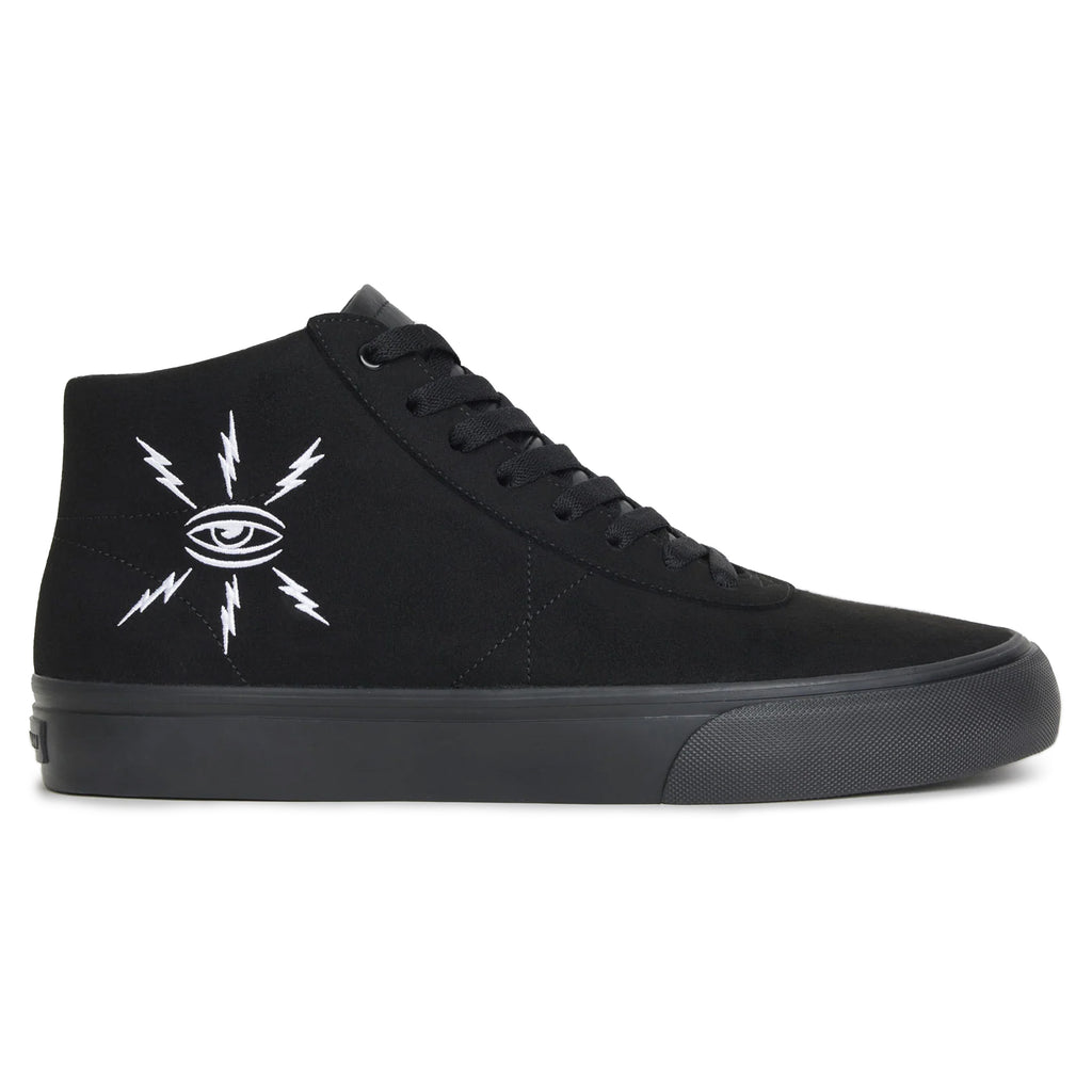 The WAR SAW X TEMPLETON CHAPTER MID BLACK / BLACK sneaker by WAR SAW is a black high-top crafted from premium pig suede, featuring an embroidered eye and lightning bolts on the side. It is perfect for skate-inspired footwear with its non-slip outsole providing added grip.