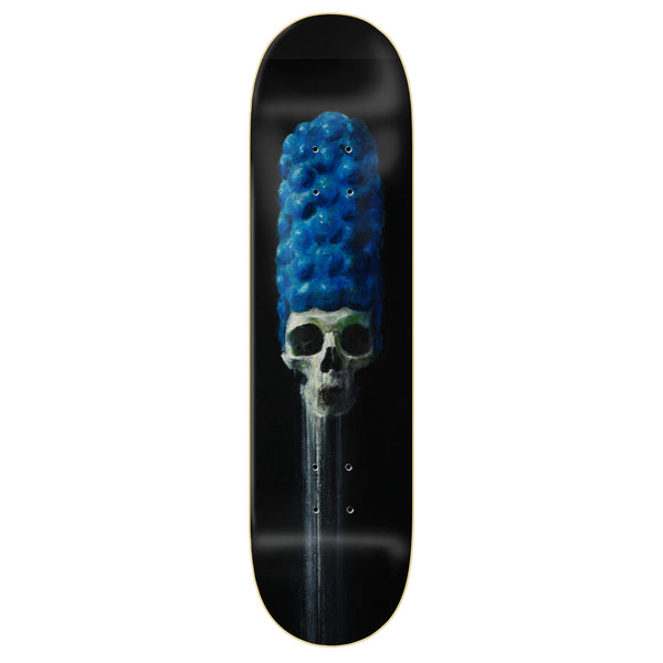 A ZERO skateboard featuring a unique design of a skull with a blue textured top resembling hair or a hat on a black background, inspired by Springfield Horror.