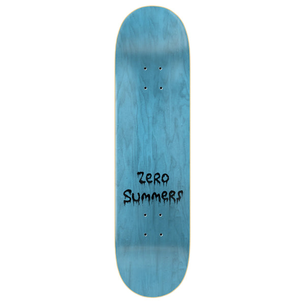 A blue skateboard deck with the phrase "ZERO SPRINGFIELD" written in black in the center.