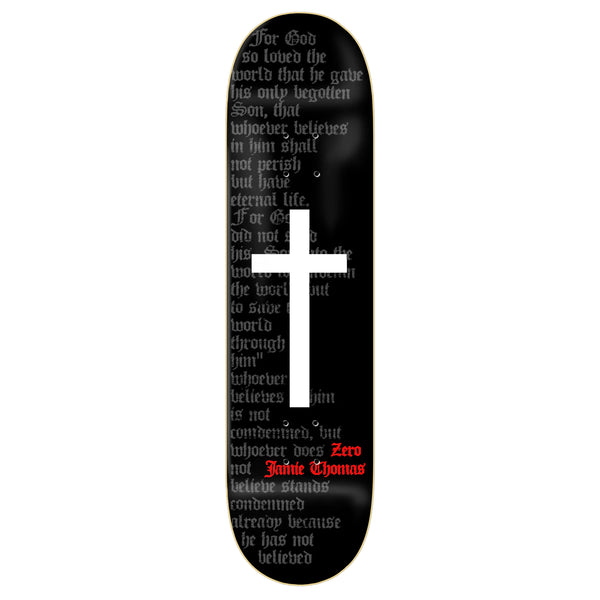 Black ZERO skateboard with white text scripture on deck, displayed vertically, featuring partial visibility due to Adrien Conrad's unique lighting contrast.