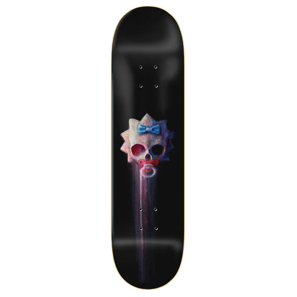 Black ZERO skateboard deck with a colorful graphic of a skull wearing sunglasses printed in the center, designed by ADRIEN CONRAD.