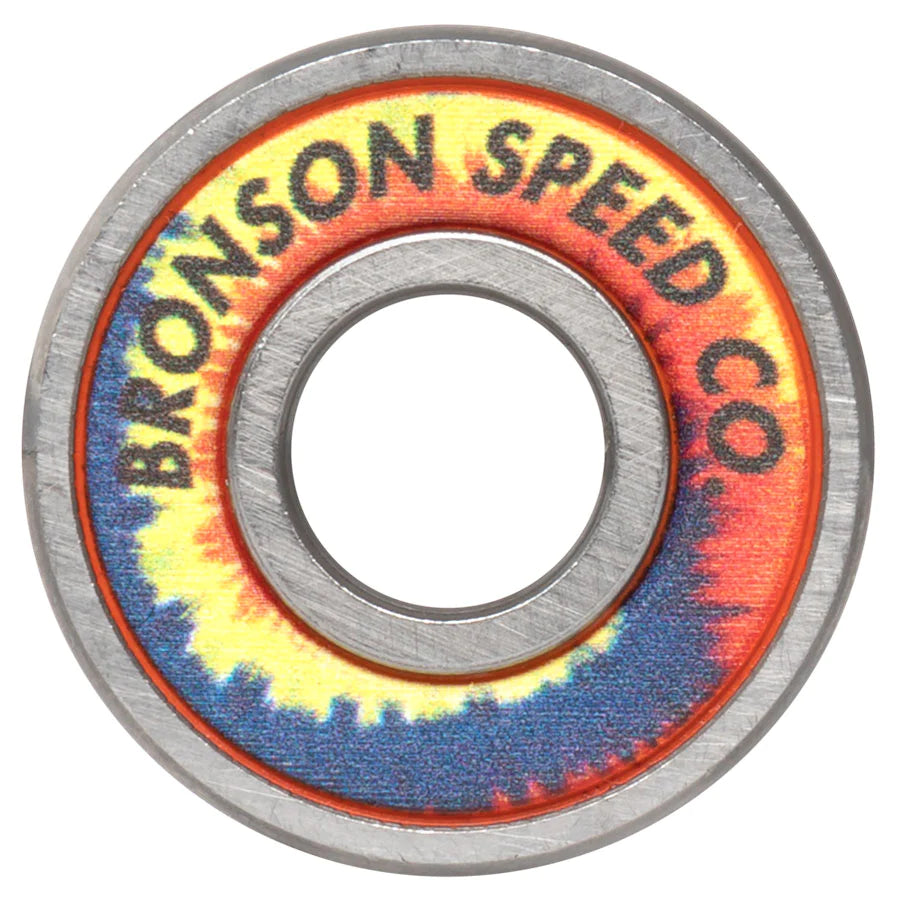 A Bronson Speed Co. G3 Aaron Jaws Homoki Pro skateboard bearing with a tie dye pattern.