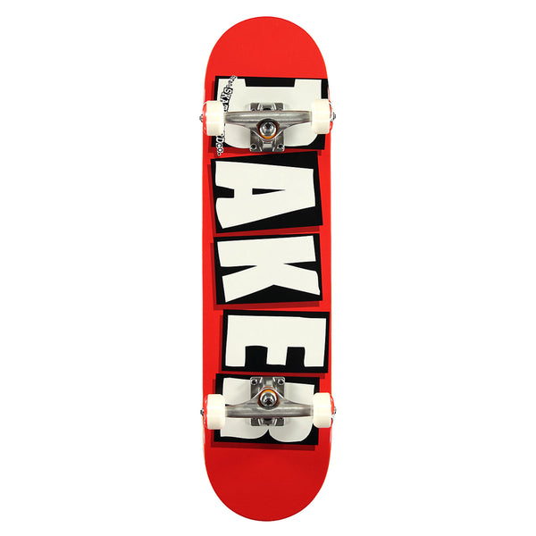 BAKER logo complete red skateboard with the word "fake" written in bold, black letters on its underside and a Baker logo prominently featured.