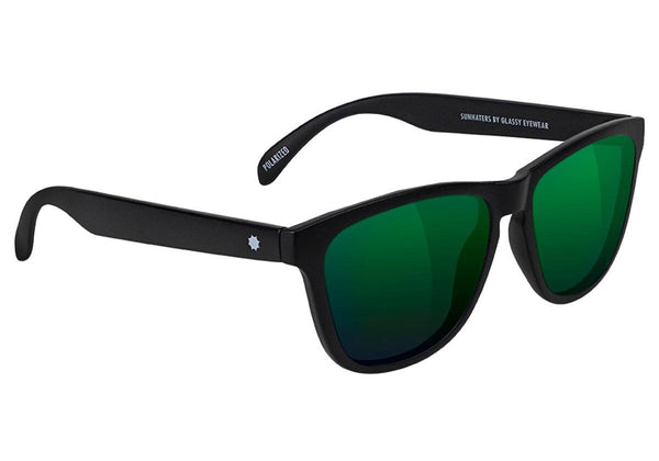 A pair of Glassy Deric Polarized Matte Black/Green Mirror sunglasses on a white background.